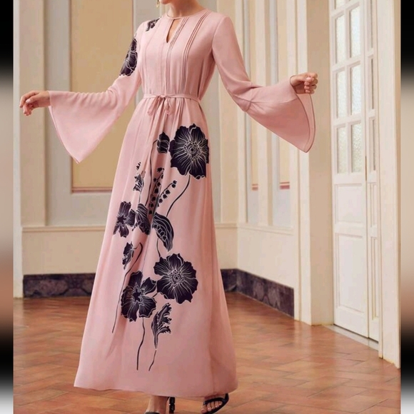 FLORAL PRINT KEYHOLE NECK BELL SLEEVE BELTED LONG DRESS - Picture 1 of 5